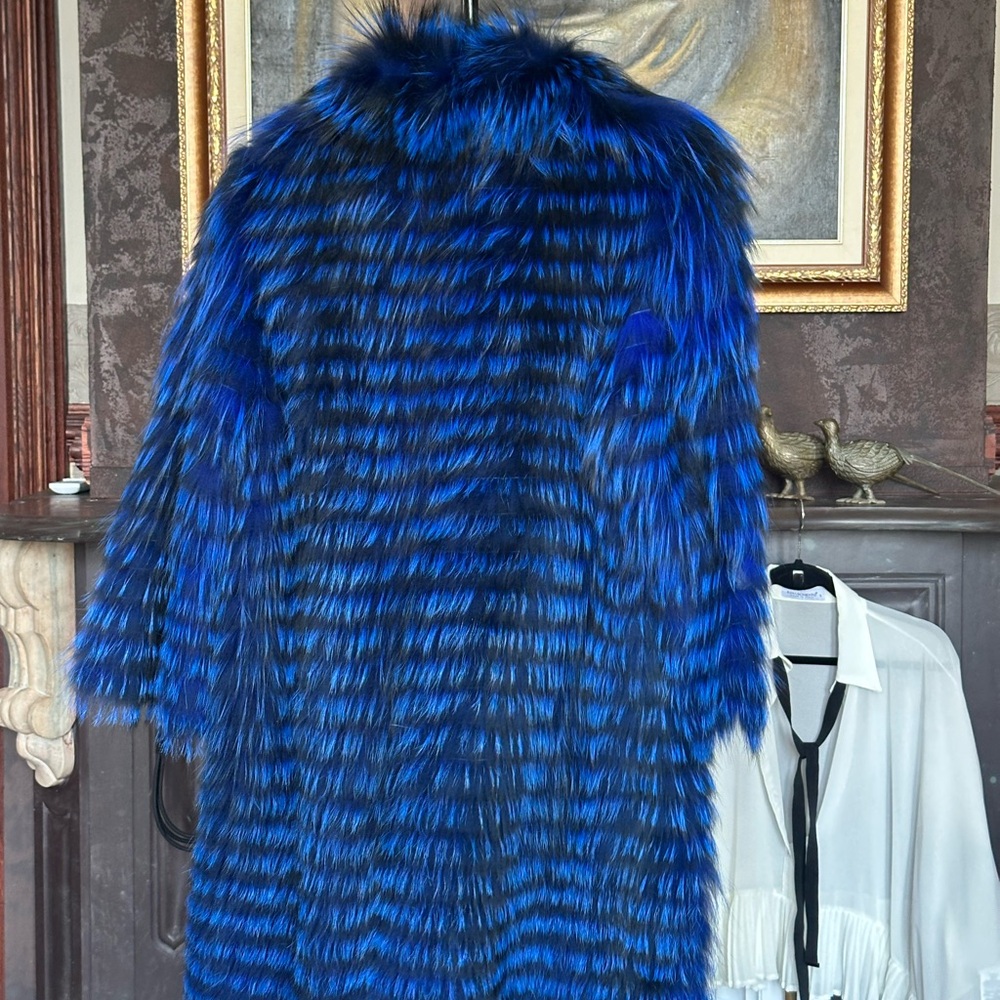 Paolo Moretti Blue Black Fox Fur Jacket 3/4 Sleeve Size 48 - Picture 8 of 9